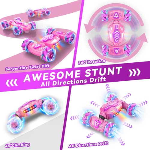 Nicella Gesture Sensing RC Stunt Car, Remote Control Car 360° Rotating 4WD 2.4Ghz RC Cars Transform Hand Controlled Toys with Light & Music, Best Gifts for Girls Age 6-7 8-12 - color: Pink