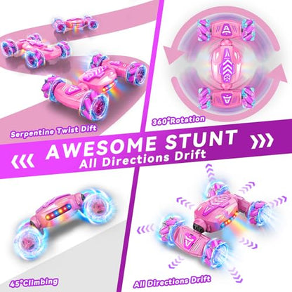 Nicella Gesture Sensing RC Stunt Car, Remote Control Car 360° Rotating 4WD 2.4Ghz RC Cars Transform Hand Controlled Toys with Light & Music, Best Gifts for Girls Age 6-7 8-12 - color: Pink