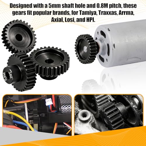 3-Pack Steel Metal 0.8M 5mm Pinion Motor Gear Sets 29T Compatible with HPI Kyosho Losi Axial Tamiya 1/8 1/10 RC Car Monster Truck Buggy, 0.8 Module Gear for Traxxsa Arrma - style: 3Pcs 29T