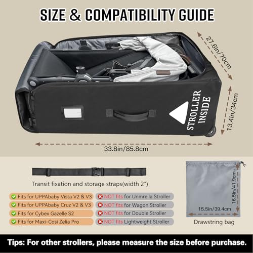 RAYMACE Padded Stroller Travel Bag for Airplane with Wheels | Fits to UPPAbaby Vista V2 V3, Cruz V2 V3,Travel Safe Protection Storage Bag, Patterned Design, Black