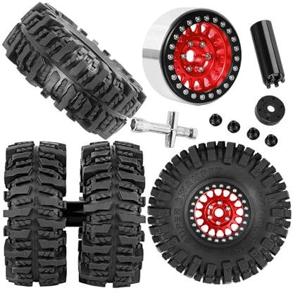 Aluminium RC 1.9" Beadlock Wheels Tires for 1/10 SCX10 90046 AXI03007 TRX4 TRX6 VS4-10 Gen7 Gen8 MST CFX D90 RC Crawler Car,Alloy 1.9 Rims Tires,Red - color: Red- (Rc 1.9" Tires)