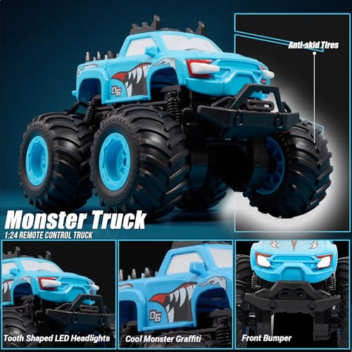 Remote Control Car, 1:24 Scale All Terrain Monster Truck Toys with LED Lights, 2.4 Ghz Off-Road Remote Control Monster Trucks for Boys 4-7, Gift for Kids 8 9 10 11 12