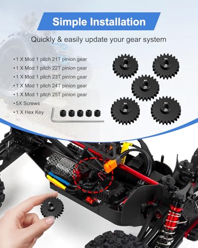 M1 Steel Pinion Gear Set 21T-25T 5mm Shaft Fit for 1/10 RC Brushless Motor | 5 Pack Hardened 45# Steel Gears, Includes Hex Key, High Load Wear Resistant, Compatible with Arrma Losi Traxxas RC Vehicles