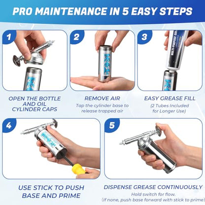 Mini Grease Gun Kit with 2 Tubes, 3 oz Steel Small Grease Gun for Bicycle Bike Chains Bearings Pedals, Lawn Mower, Air Tools and Garden Equipment