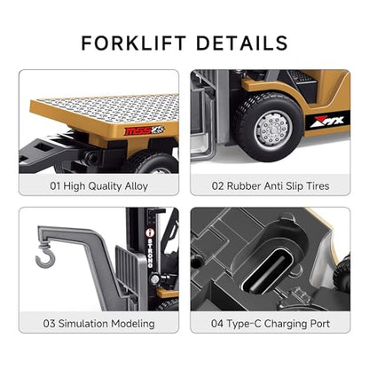1/64 Full Proportional RC Forklift Toy,8 Channel 2 Mode Mini Remote Control Forklift Truck with Flatbed Tow Truck,2 in 1 Transformable Lift Fork & Hook with Rechargeable Battery for 4+ Kids - style: Full Proportion Forklift