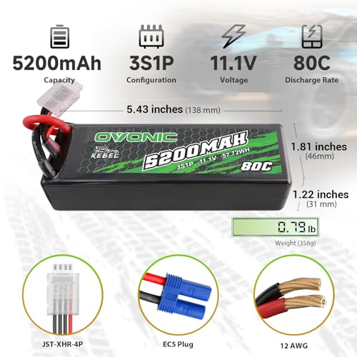 OVONIC 80C 3S 5200mAh 11.1V Lipo Battery with EC5 Connector for arrma 1/10, 1/8, 1/7Scale RC Cars and Trucks Buggy Truggy 2pcs