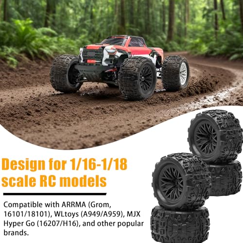 Pre-Glued 1/16 & 1/18 RC Monster Truck Rubber Tire & Nylon Wheel - 12mm Hex | Rubber Tires with Foam Fits for ARRMA 1/18 Granite/Typhon Grom, WLtoys A949, MJX Hyper Go H16 (4PCS, Black) - color: Black