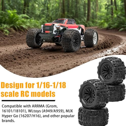 Pre-Glued 1/16 & 1/18 RC Monster Truck Rubber Tire & Nylon Wheel - 12mm Hex | Rubber Tires with Foam Fits for ARRMA 1/18 Granite/Typhon Grom, WLtoys A949, MJX Hyper Go H16 (4PCS, Black) - color: Black