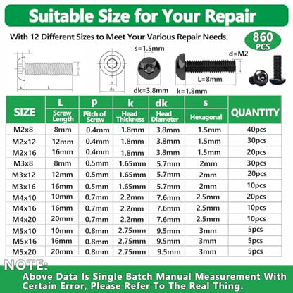 860PCS Screw Assortment Kit, M2-M5 10.9 Alloy Steel Hex Button Cap Bolts | High-Tensile,M2 M3 M4 M5, Hex Button Head Cap Bolts & Nuts Kit, With Lock & Flat Washer & Wrench, For 3D Printing,DIY, Home - size: M2 M3 M4 M5 860pcs 2