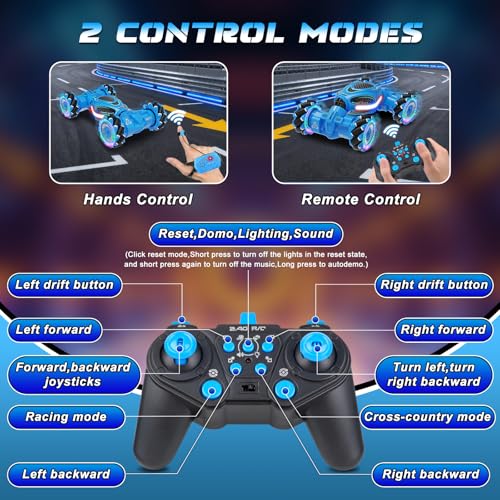 Gesture Sensing RC Stunt Car, Remote Control 2.4GHz 4WD Hand Controlled Car | Toys Gift for Boys and Girls Ages 6-12, 360° Rotating RC Cars with Lights and Music, Ideal Birthday and Xmas Gift - color: Blue