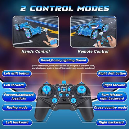 Gesture Sensing RC Stunt Car, Remote Control 2.4GHz 4WD Hand Controlled Car | Toys Gift for Boys and Girls Ages 6-12, 360° Rotating RC Cars with Lights and Music, Ideal Birthday and Xmas Gift - color: Blue