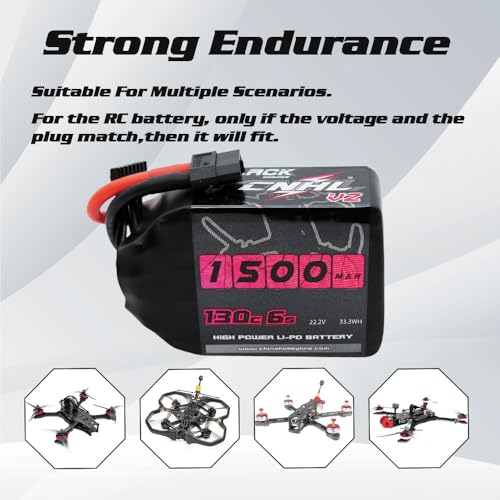 CNHL 1500mAh 6S LiPo Battery 22.2V 130C with XT60 Plug (2 Packs) | High discharge RC battery for FPV racing drones, freestyle quadcopters, RC helicopters, and airplane models.