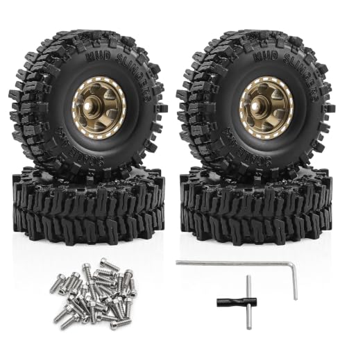1.0" Beadlock Aluminum Wheels and 64mm Soft Rubber Tires | for SCX24, TRX4M, Ascent 18, FCX24, 1/18 1/24 RC Crawler, 7mm Hex, 0mm Offset, with Foam Inserts, (Bronze) - color: Bronze