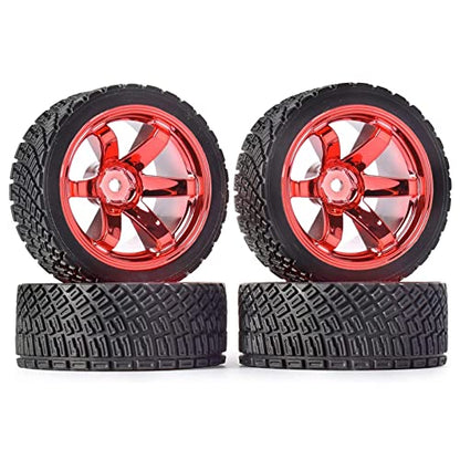 4PCS 65mm RC Rally Car Rubber Tires and 6-Spokes Wheel Rims 12mm Hex Compatible with 1/10 RC On-Road Rally Racing Car HSP Tamiya Sakura HPI WR8 HSP TT02 WLtoys (Red) - color: Red
