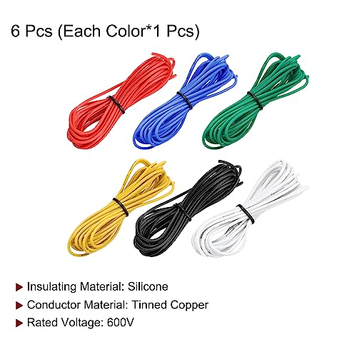 MECCANIXITY 20 Gauge Wire Silicone Wire 20AWG Electrical Wire Stranded Wire Tinned Copper Wire High Temp Hookup Wire 6 Color 3.0m/10ft for Car Model Electric Appliances 6pcs - size: 20AWG, 10ft