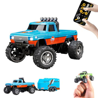 BINGONE Mini Rc Truck,1:64 Scale Monster Truck Remote Control Car with Lights, 2.4Ghz Remote Control, Mini Alloy Monster Truck Rc, Speed/Steering Adjustable - color: Blue