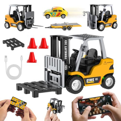 Mini RC Truck, 1:64 Scale RC Forklift Toy, 3 4 5 6 Year Old Birthday Gifts | Remote Control Cranes,Mini Rechargeable Truck,2 in 1 Transform Lift Fork & Hook, w Sound Light, Toy RC Construction Vehicles - style: forklift