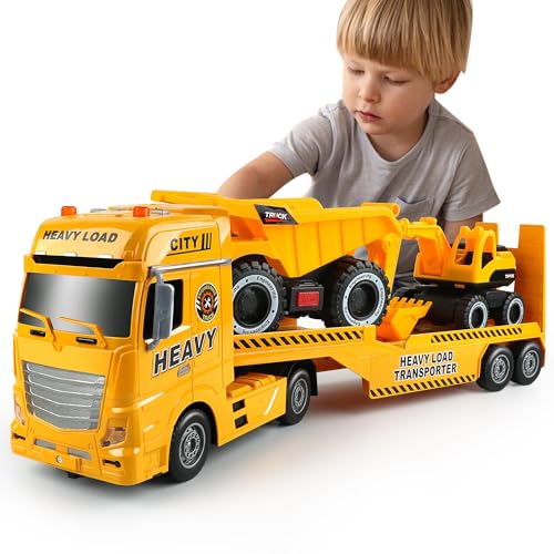 Dwi Dowellin Construction Carrier Truck Kids Toys,25.6" Semi-Trailer Toy with Excavator and Dump Truck,Gifts for Age 3 4 5 6+ Years Old Boys Girls - style: Construction Truck