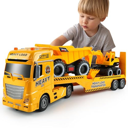 Dwi Dowellin Construction Carrier Truck Kids Toys,25.6" Semi-Trailer Toy with Excavator and Dump Truck,Gifts for Age 3 4 5 6+ Years Old Boys Girls - style: Construction Truck