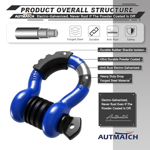 AUTMATCH 3/4" D Ring Shackles (2-Pack) - 41,887 lbs Break Strength | Clevis Shackle with 7/8" Pin & Isolator Washer Kit for Tow Strap, Winch, Towing & Off-Road Vehicle Recovery, Blue & Black - color: Blue & Black