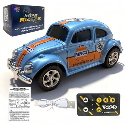 Mini Retro RC Car, 1/64 Scale Mini Beetle, 2.4Ghz & APP Remote Control (Blue) - color: Blue