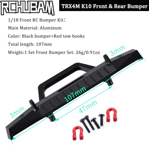 RCHUBAM Front Rear Bumper with Trailer Hitch Hooks for 1/18 TRX4M K10 | Aluminum Alloy,2PCS - style: Front & Rear
