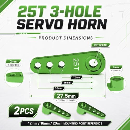 2PCS 25T Aluminum Servo Horn, 3-Hole RC Steering Arm for Futaba Savox MG995 | CNC Aluminum Servo Arm M3 Thread Adjustable Linkage 12mm 16mm 20mm Positions 1/8 1/10 RC Power HD MG996 Crawler Buggy Truck - color: Green