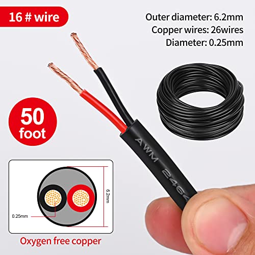 16 Gauge Electrical Wire 2 Conductor, 16 AWG Stranded PVC Oxygen-Free Copper Cable, 50FT 2 Core Flexible Extension Power Cord for Auto, LED Lamp Lighting Strips, Automotive - size: 50FT, style: 16AWG-2C