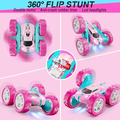 QUNREDA RC Cars, Pink Remote Control Car for Girls, 2.4 GHZ Double Sided RC Stunt Car 360° Rotating Remote Control Crawler with Headlights Car Toys for 6 7 8 9 10 11 12 Girls Birthday Gift Grandkids - color: Pink