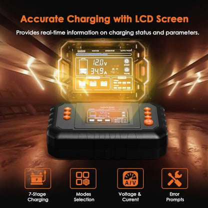 WAVLINK 35-Amp Smart Battery Charger, 6V/12V/24V Car Battery Charger | LCD Display, Lead-Acid/Lithium/LiFePO4 Compatible, Battery Maintainer & Desulfurizer for Cars, Boats, Motorcycles - color: 35-AMP