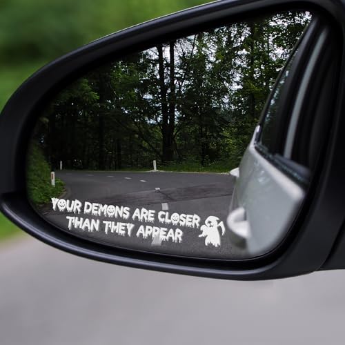 2PCS Funny Halloween Vanity Mirror Stickers, Gothic Car Accessories, Your Demons are Closer Than They Appear Car Mirror Decal, Vinyl Waterproof Bumper Sticker for Truck Window (White) - color: White