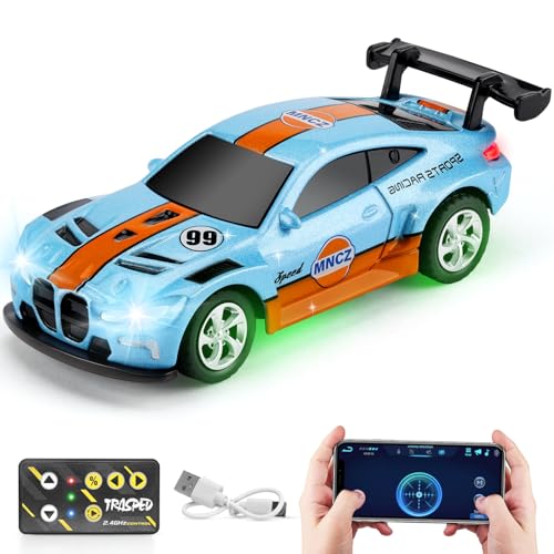SASBSC Mini RC Toy Cars for Boys Kids Adults, 2.4GHz APP Remote Control Car with Lights and 3 Speed Modes, 1/64 Race Toy Car Rechargeable for Boys Ages 5-7 8-12,Birthday Gifts for Kids - color: Blue