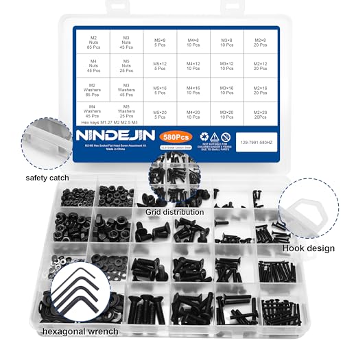 NINDEJIN M2 M3 M4 M5 Flat Head Socket Cap Screws Countersunk Bolts, Hex Drive, 12.9 Carbon Steel Screw, Full Thread, Black Oxide, 580PCS Metric Screw Bolts Nuts Washers Assortment Kit - size: 580Pcs M2-M5 8mm-20mm