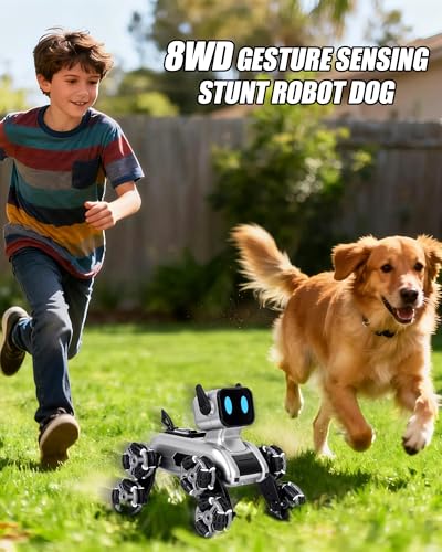HuiJuKeJi Interactive Robot Dog RC Stunt Car, Gesture Sensing & 2.4Ghz Remote Control Cars, Mecanum Wheels, LED Eyes with Music, Rechargeable for Extended Indoor/Outdoor Fun, Gift for Kids 6-12