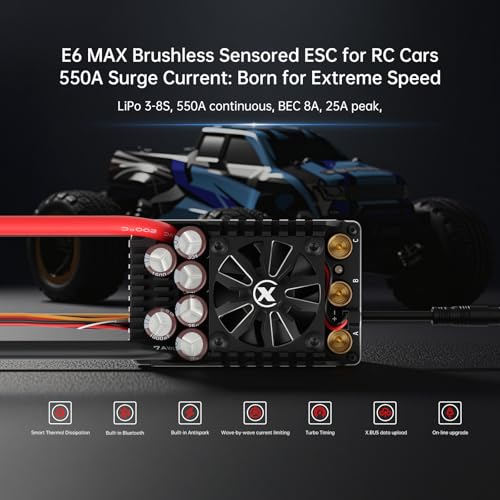 XC E6MAX APP Controls Sensored Brushless ESC for RC Car, 3-8S Lipo,550A Continuous Current,8-25A、6.0/7.4/8.4V BEC,Suitable for 1/6 1/5 Bashing Speed Run - size: E6MAX