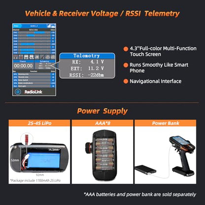 Radiolink RC8X 8 Channels RC Transmitter with R8FG&R4FGM Gyro Receivers | 4.3" IPS Touch FPV Screen2.4G Voltage Telemetry Surface Remote Controller for RC Crawler Drifting Cars Boats