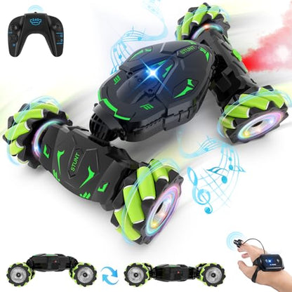 Pristar Gesture RC Car Toys for Boys 6-12, Gifts for Kids Aged 6-12 | RC Sensing Stunt Car with Cool Spray Lights Music, 2.4Ghz Remote Control Car Double Sided Flip 360° Rotate 4WD Off-Road - color: Green-black