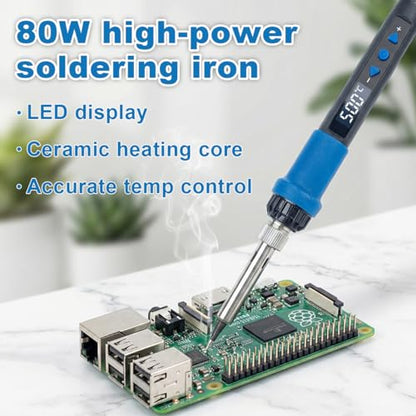Soldering Iron Kit, 80W 110V LED Digital Solder Gun with Ceramic Heater, Portable Welding Tool Set with 5 Tips, Solder Wire, Stand & Sponge for Metal, Electrical Repair and DIY