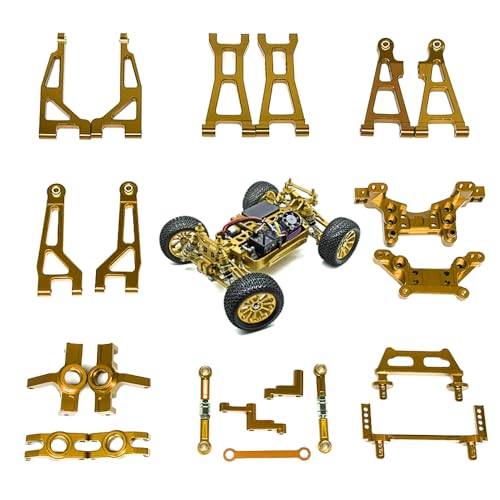 27PCs for Hyper GO BEZGAR Jetwood H16BM H16GT H16DR 1/16 RC Car, Swing Arm Shock Mount Body Pillar Steering Rod Kit, Metal Aluminum Alloy Upgrade Accessories Spare Part (Full Sets Gold) - color: 10 Sets Gold