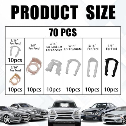 Fuel Line Retainer Clips, 3/8" & 5/16" Durable Nylon Gas Tank Repair Kit, 7 Size Fuel Line Retaining Clamp Assortment Replacement Kit Compatible with Ford, GM, Chrysler (70PCS) - size: 70PCS