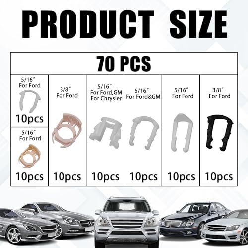 Fuel Line Retainer Clips, 3/8" & 5/16" Durable Nylon Gas Tank Repair Kit, 7 Size Fuel Line Retaining Clamp Assortment Replacement Kit Compatible with Ford, GM, Chrysler (70PCS) - size: 70PCS