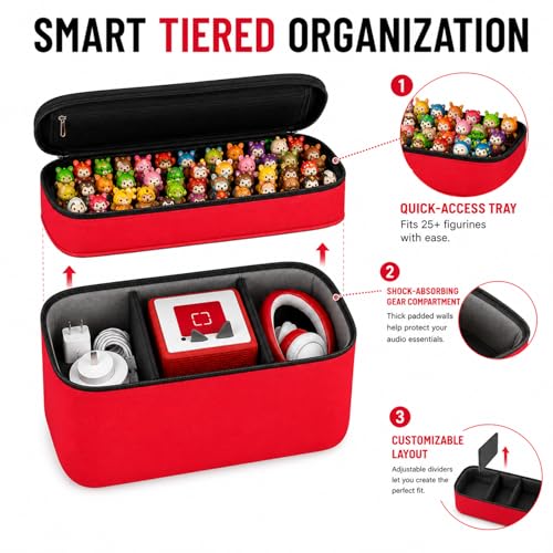 Bevegekos 2-Layer Carrying Case for Toniebox Gen 1 & 2, Holds 25+ Figures | EPE foam padded, 2 velcro dividers, fits headphones & charging station, adjustable strap, ideal for travel and daily use - color: Red