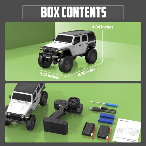 FLYCOLOR RCS24 Off Road 1/24 RC Truck 4x4 Off Road Crawler Climbing Vehicle All Terrain RC Monster Truck Remote Control Car with Bright Headlight 2 Batteries Waterproof Hobby Toys(RTR White) - color: White