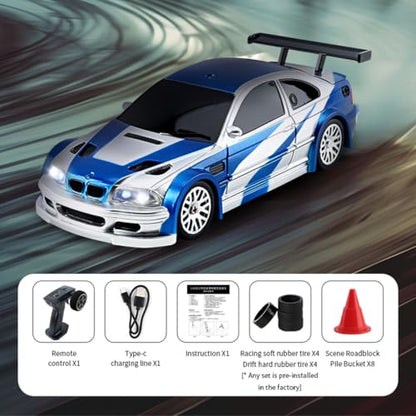 HERR RC Electric Mini Racing Drift Car Model 1:43 Scale 2.4G Full Scale Linkage Light Set Max Speed 15km/h Indoor Mini RC Toys Hobbyist Gift Black White (RTR Version/Blue & White) - color: Blue & White