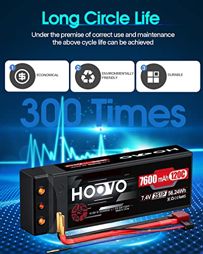 HOOVO 7600mAh 2S Lipo Battery 7.4V 120C RC Battery Hard Case 4mm Bullet with T Plug for RC Drag Car RC Truck Boat DJI Heli Airplane RC Models (2 Packs)