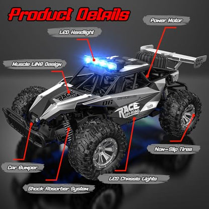 BLUEJAY Remote Control Car, 2.4GHz High Speed 33KM/H RC Cars Toys | 1:12 Monster RC Truck Off Road with LED Headlight and Rechargeable Battery Gifts for Adults Boys 8-12 - color: Metal Silver