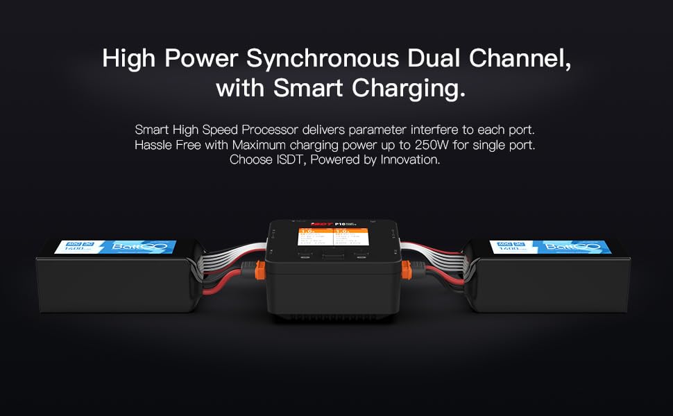 ISDT P10 DC 250W 10A Dual Channel Lipo Battery Charger, XT60 Smart Charger for 1-6S Life/LiIon/LiPo/LiHv