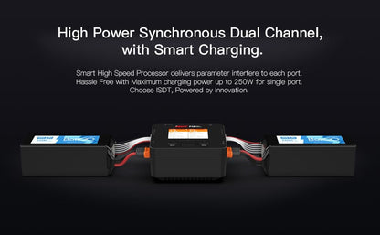 ISDT P10 DC 250W 10A Dual Channel Lipo Battery Charger, XT60 Smart Charger for 1-6S Life/LiIon/LiPo/LiHv