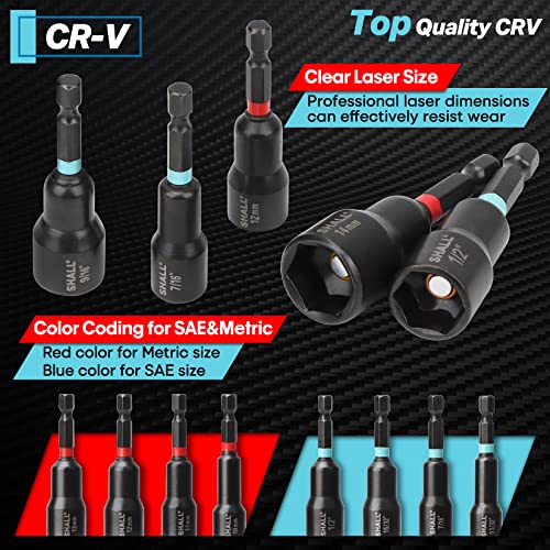 SHALL 29PCS Magnetic Nut Driver Set, Impact Drill Driver Bit 1/4" Hex Shank, SAE & Metric Cr-V Steel Power Nut Drivers with Quick-release Extensions, Impact Socket Adapters, Bit Holder and Storage Bag - size: Variety Pack