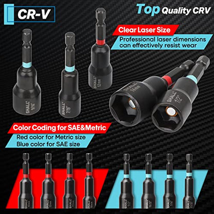 SHALL 29PCS Magnetic Nut Driver Set, Impact Drill Driver Bit 1/4" Hex Shank, SAE & Metric Cr-V Steel Power Nut Drivers with Quick-release Extensions, Impact Socket Adapters, Bit Holder and Storage Bag - size: Variety Pack